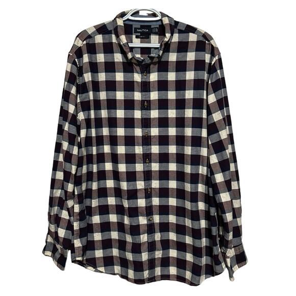Nautica Mens Slim Fit Blue Burgundy Cream Plaid Long Sleeve Button Front Size XL - Picture 1 of 5